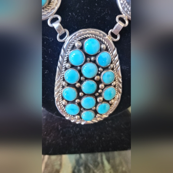 NEW CHARLES JOHNSON NATIVE AMERICAN NAVAJO STERLING SILVER TURQUOISE BIB NECKLAC - Picture 14 of 14
